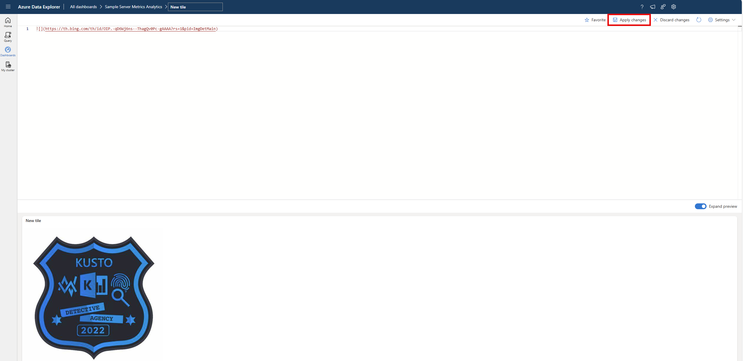 Captura de tela do painel de consulta do painel mostrando a imagem renderizada. 