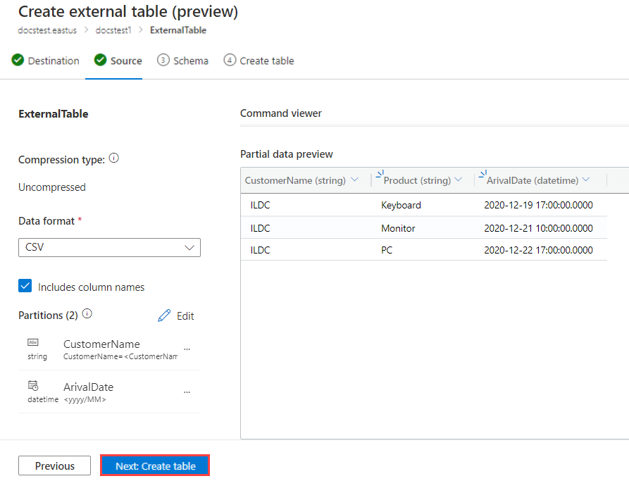 Captura de ecrã da tabela externa do esquema Azure Data Explorer.