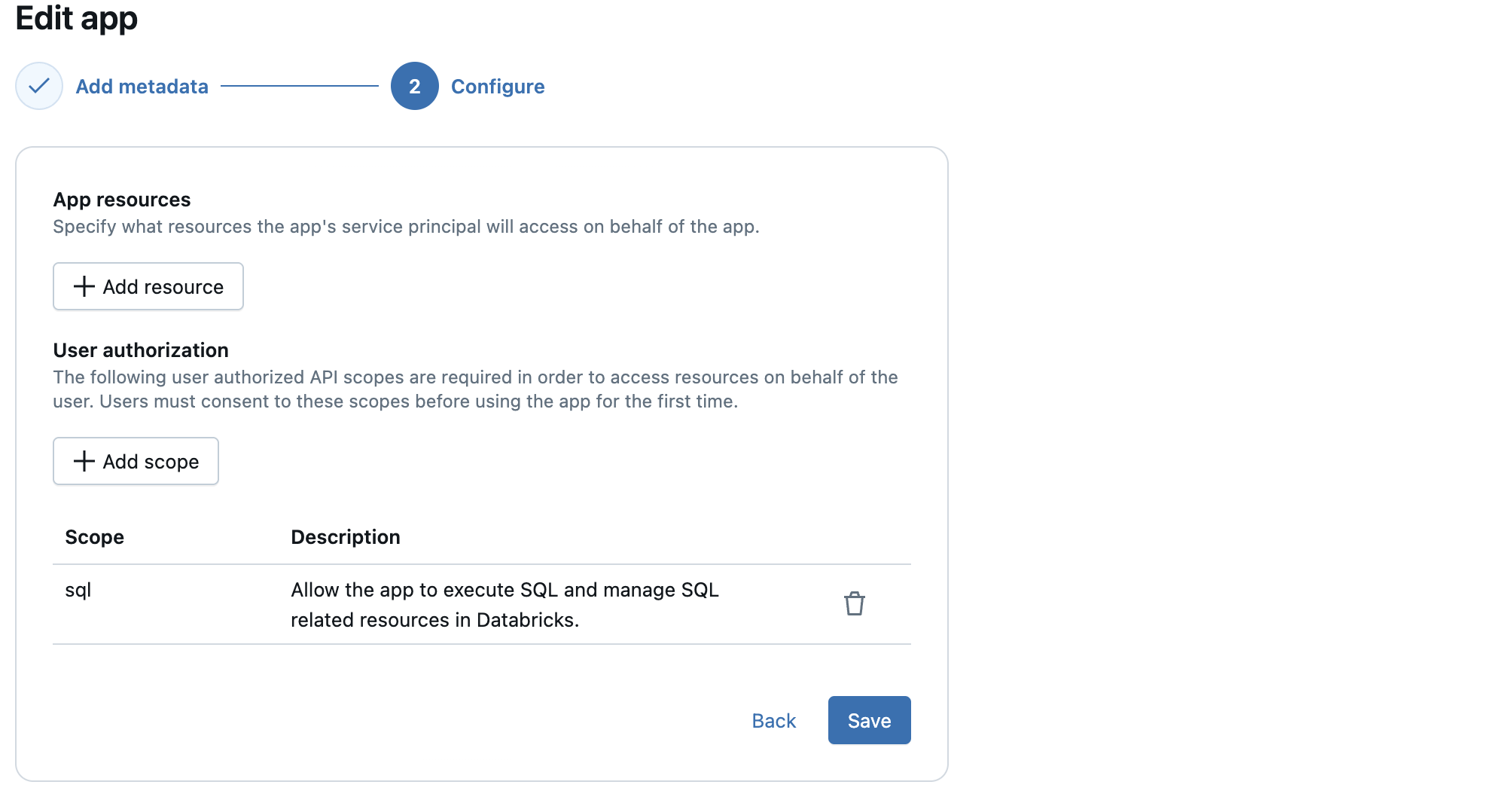Adicionar escopos de autorização de usuário a um aplicativo Databricks