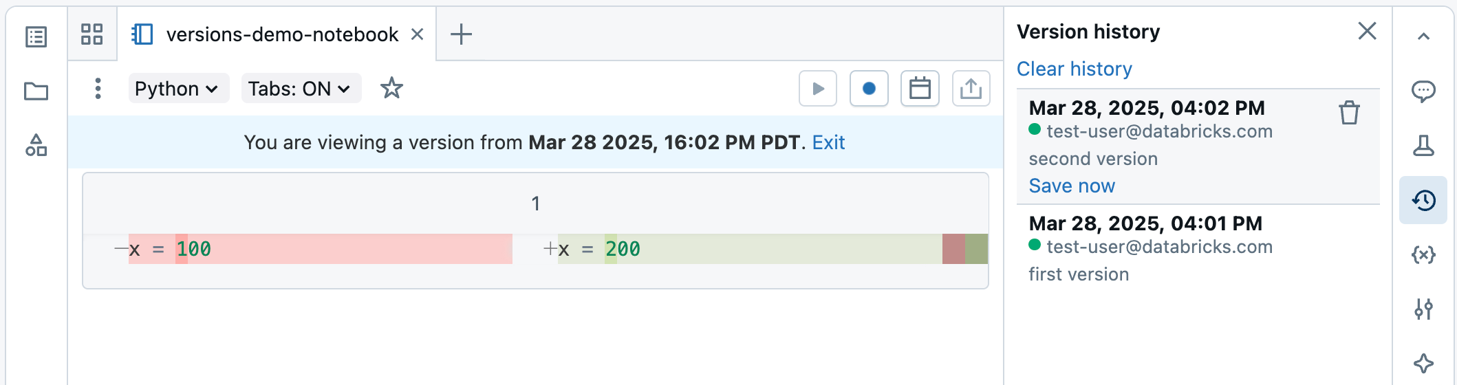 Mostrar as diferenças do histórico de versões do caderno.