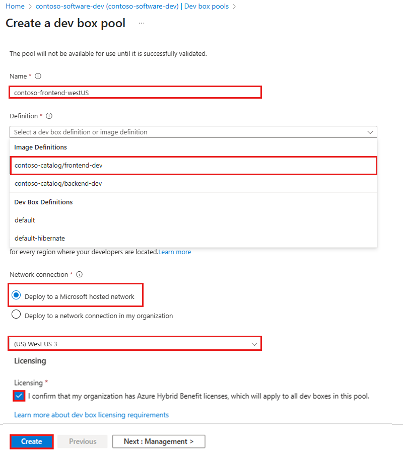 Captura de tela do painel Noções básicas para criar um novo pool de caixas de desenvolvimento.