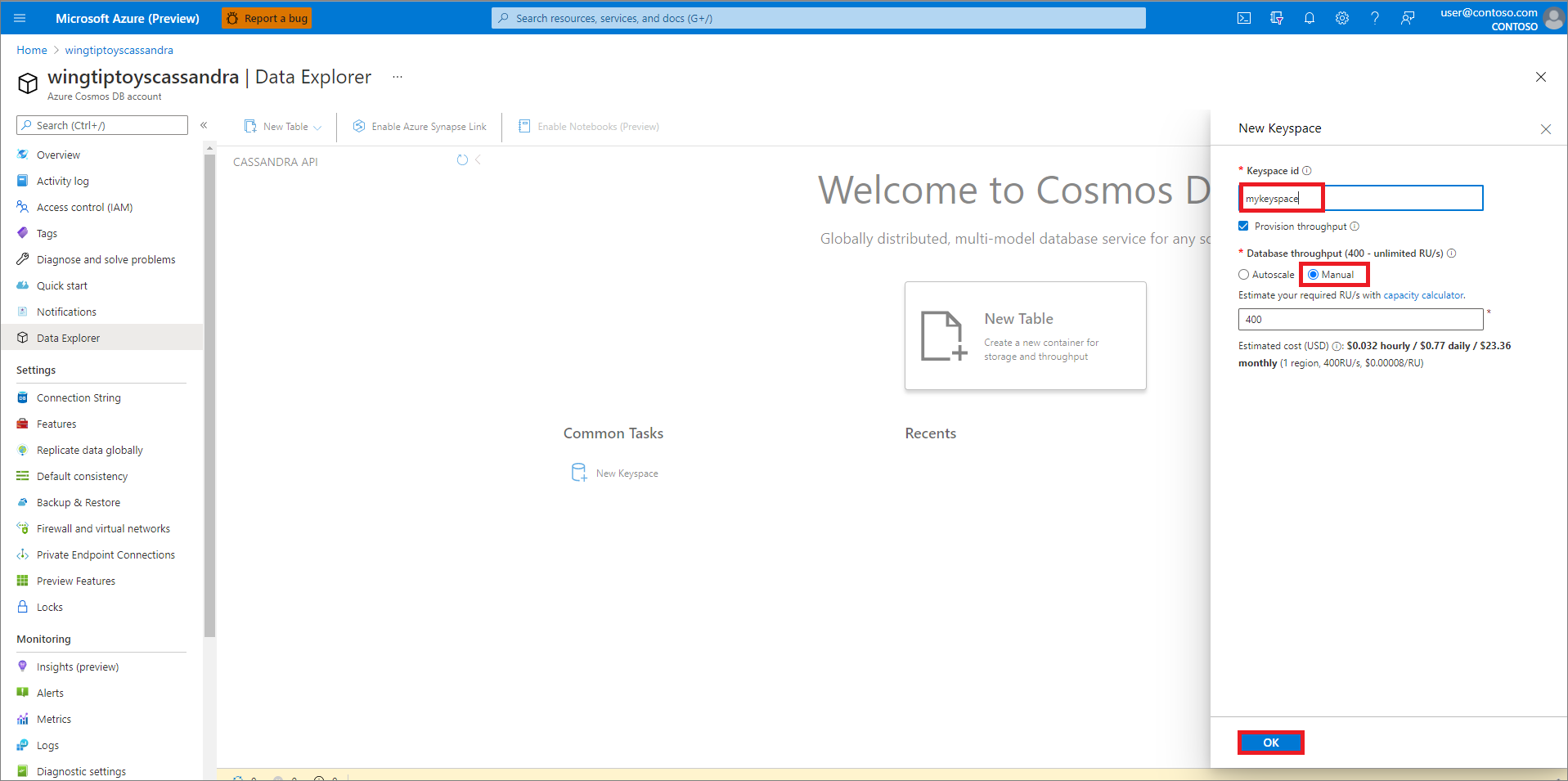 Criar um espaço de chave do Azure Cosmos DB.