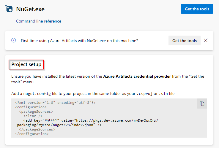 Uma captura de tela exibindo como configurar seu projeto e conectar-se ao seu feed nos Serviços de DevOps do Azure.