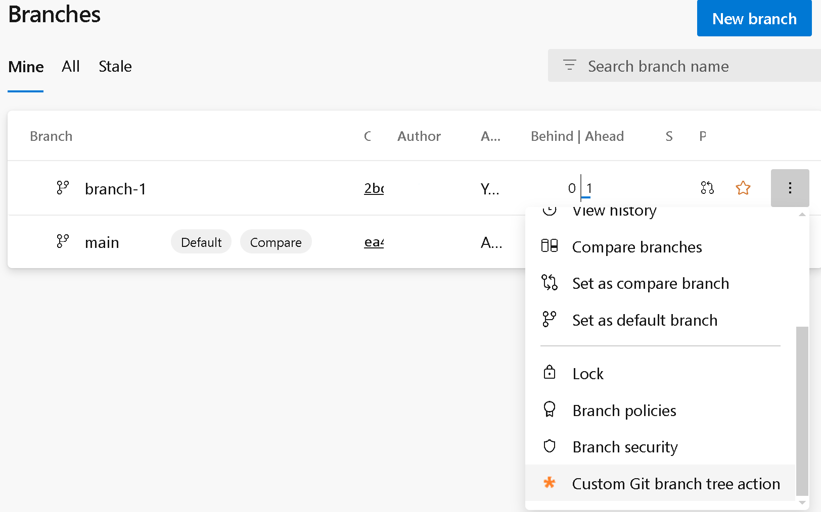 Captura de tela da árvore de galhos do git.