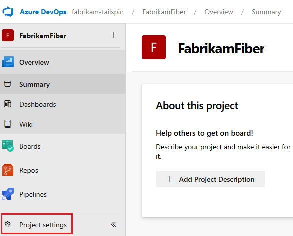 Captura de ecrã do botão Definições do projeto.