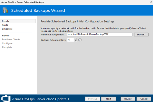 Captura de tela indica o caminho de backup da rede introduzido.