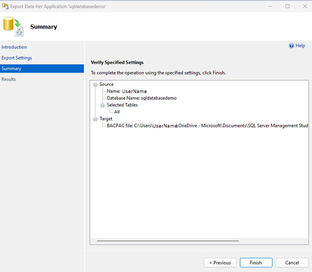 Captura de tela mostra um resumo das configurações especificadas.