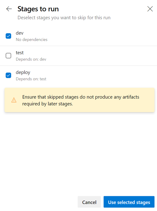 Captura de tela mostrando a seção Estágios a serem executados com a opção dev e a opção deploy selecionadas.