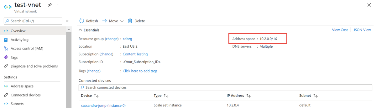 Captura de ecrã que mostra onde obter o espaço de endereço da sua rede virtual.