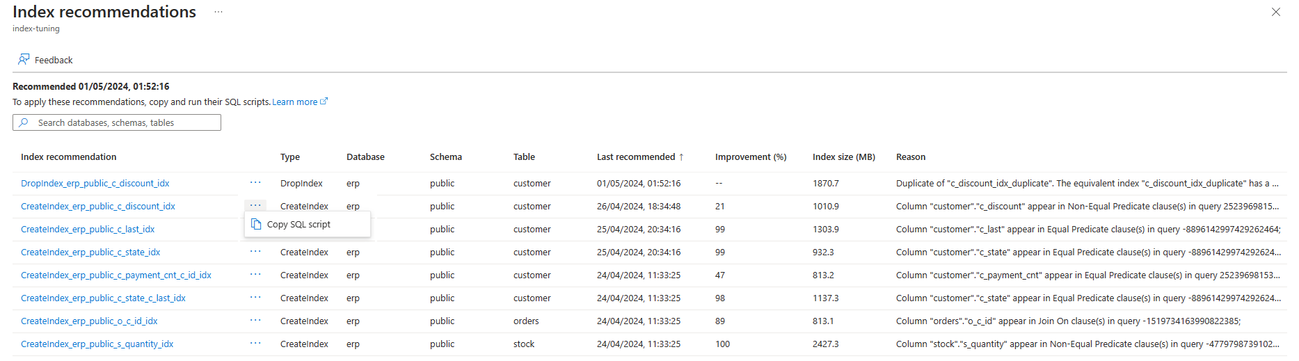 Captura de tela que mostra como copiar a instrução SQL da página 'Recomendações de índice'.