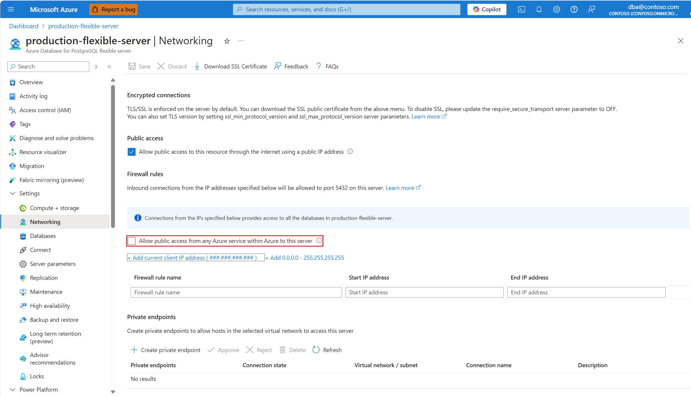 Captura de ecrã da página de rede com firewall.