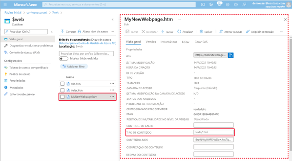 Imagem mostrando como verificar os tipos de conteúdo de blob