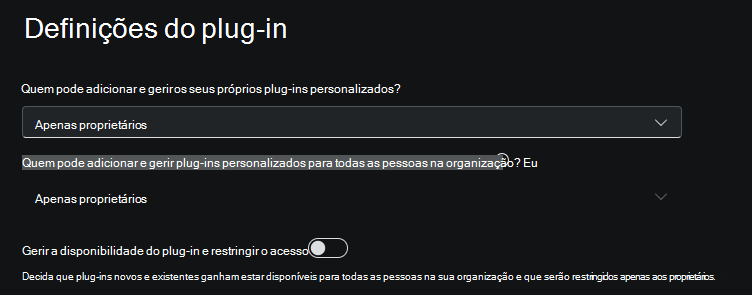 Captura de ecrã a mostrar as opções de controlo de plug-in.