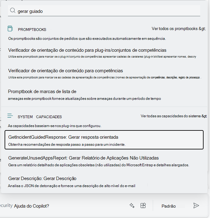 Captura de ecrã a mostrar a lista filtrada de capacidades do sistema para o plug-in Microsoft Defender XDR.
