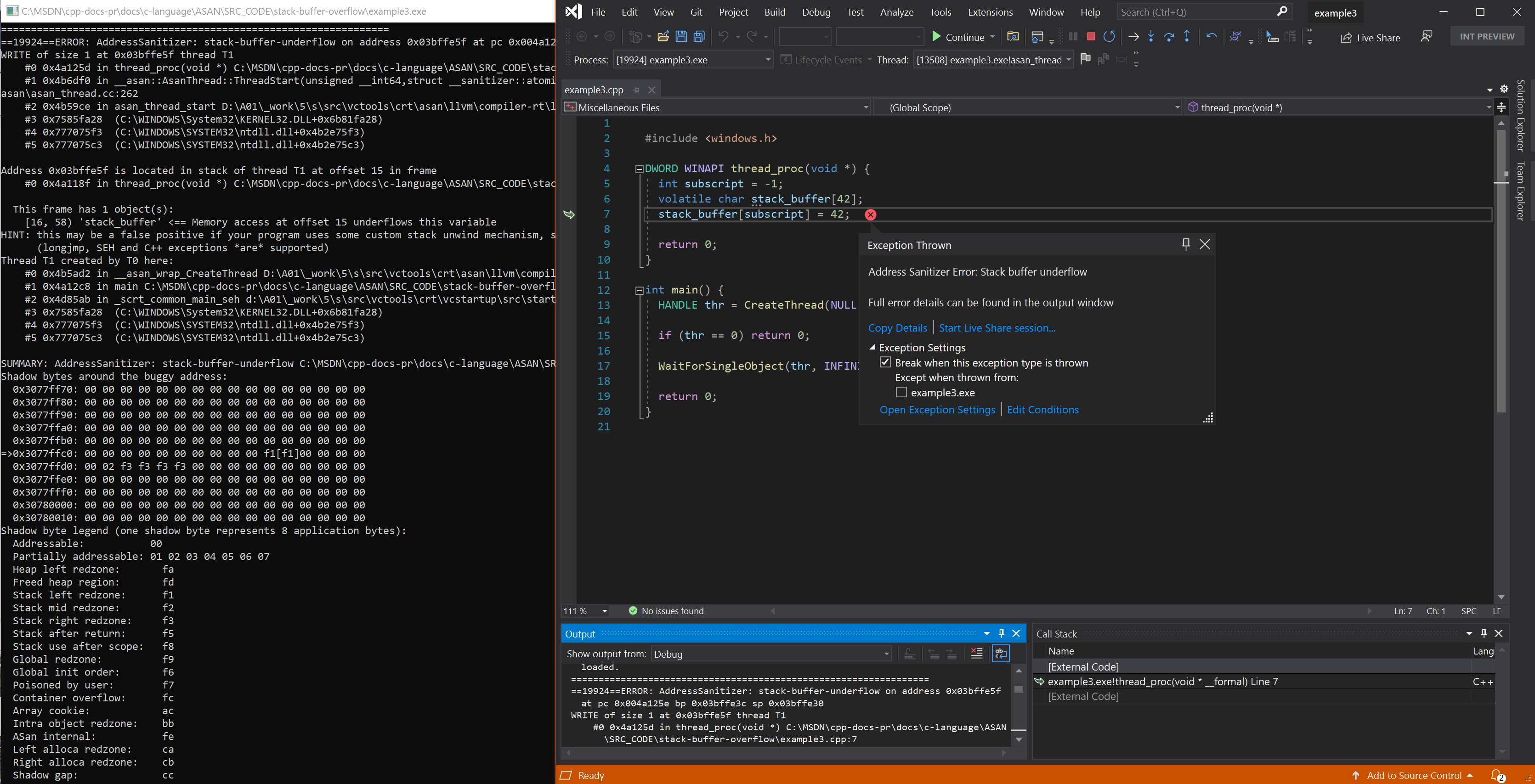 Captura de tela do depurador exibindo erro stack-buffer-underflow no exemplo 2.