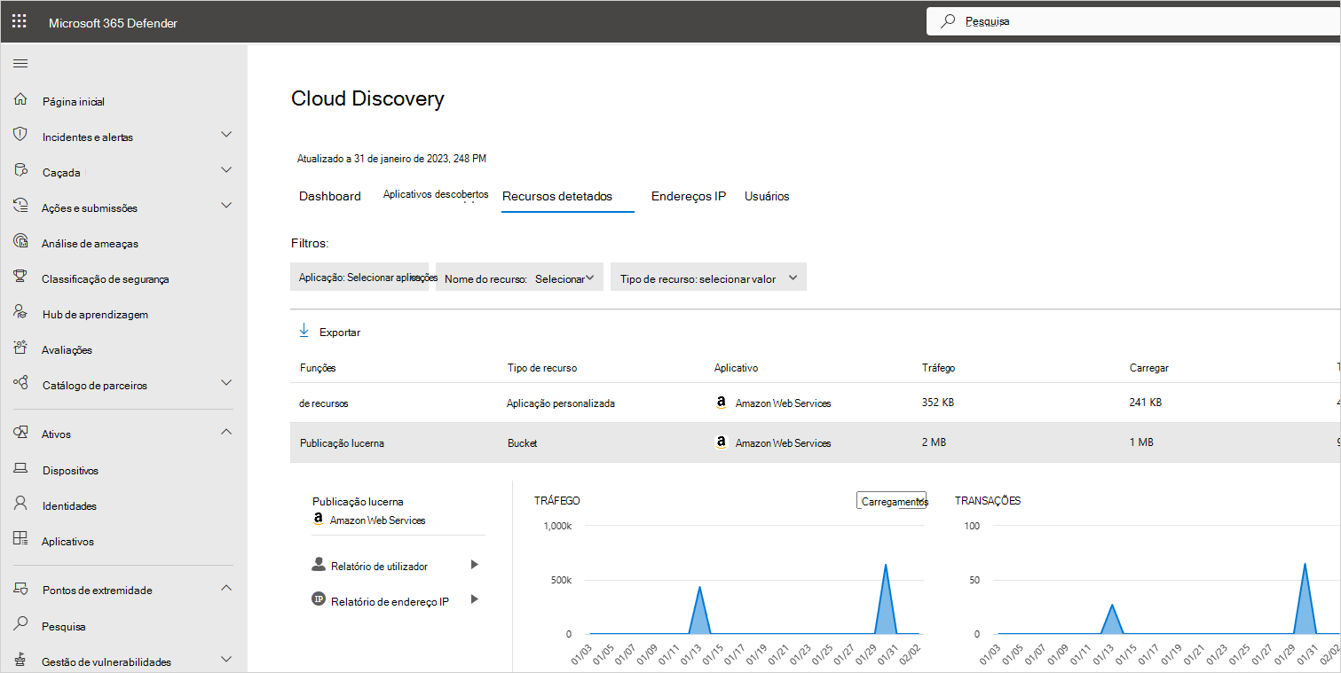 Captura de ecrã a mostrar uma lista de recursos detetados.