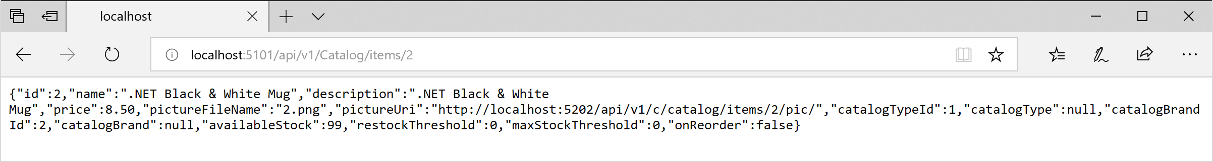 Captura de tela de um navegador mostrando uma resposta direta ao Catalog.api.