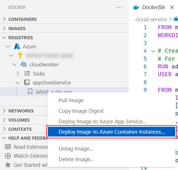 Visual Studio Code - Docker: Implantar imagem em instâncias de contêiner do Azure
