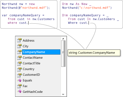 Diagrama que mostra uma consulta LINQ com Intellisense.