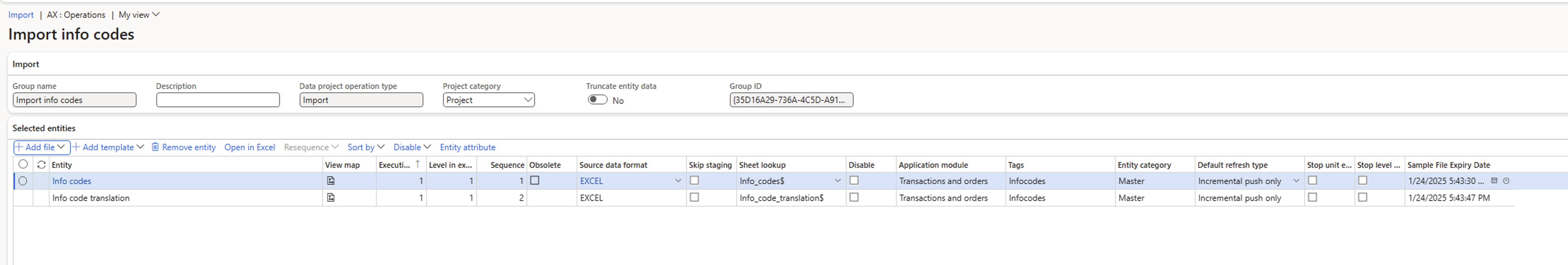 Captura de ecrã com um exemplo de códigos de informação de importação.