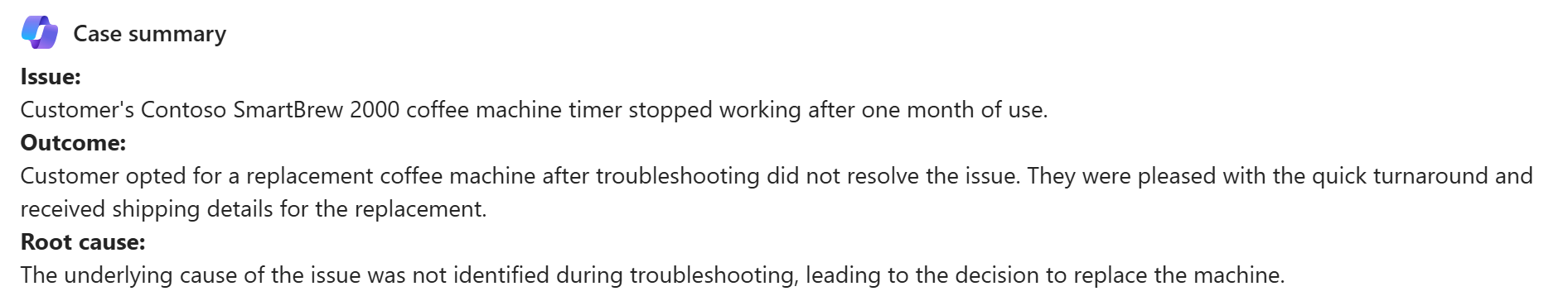 Captura de ecrã um parágrafo de resumo de caso do Copilot.