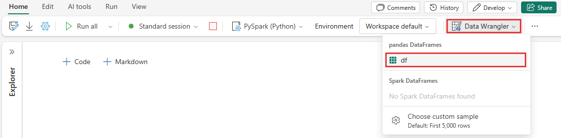 A captura de ecrã mostra como abrir o gerenciador de dados a partir de um notebook.