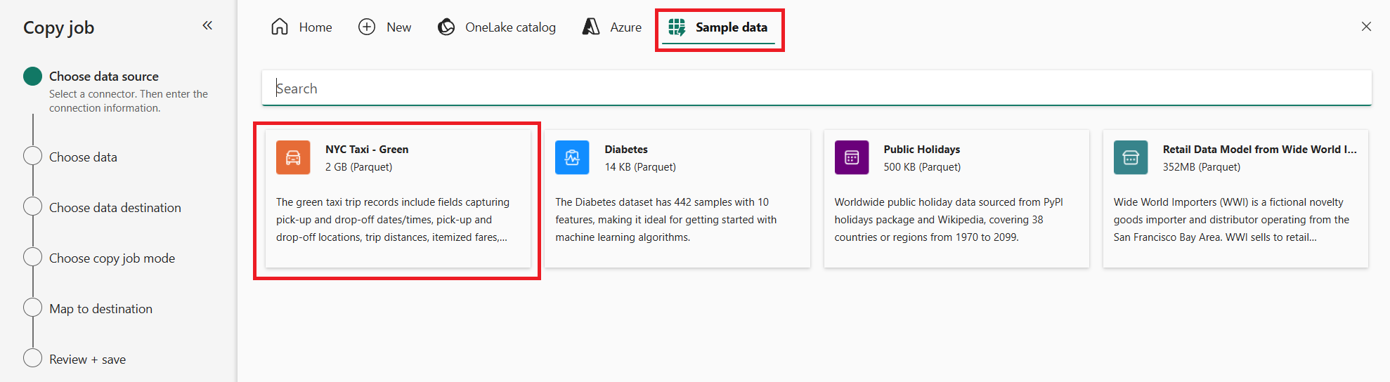 Captura de ecrã do separador de dados de exemplo e do táxi de NYC - Dados de amostra verde selecionados.