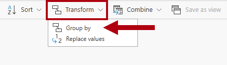 Captura de ecrã da lista suspensa Transformar, destacando a opção Agrupar por.