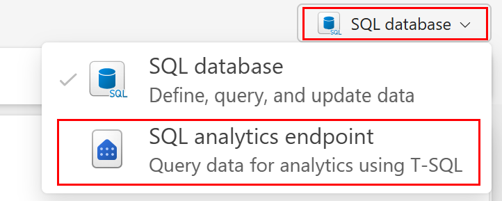 Captura de tela do portal Fabric mostrando a lista suspensa do editor de consultas contendo o banco de dados SQL e as opções de ponto de extremidade da análise SQL.
