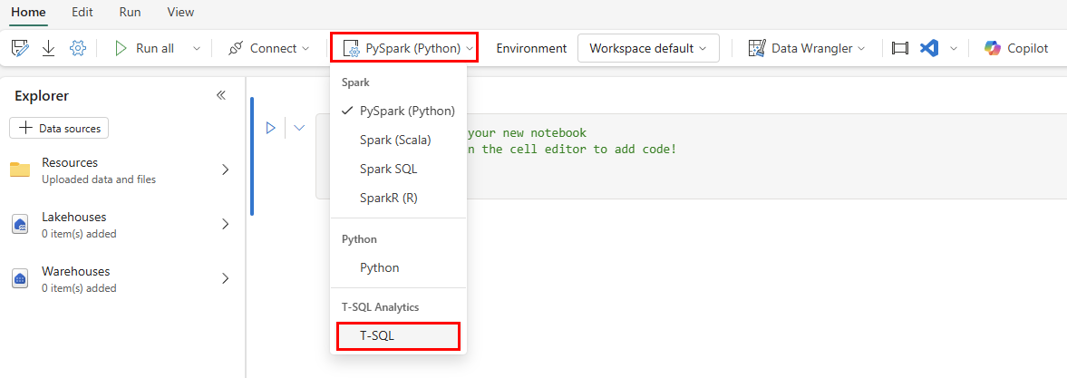A captura de tela mostra a alteração do kernel, ou ambiente, do Notebook para T-SQL.