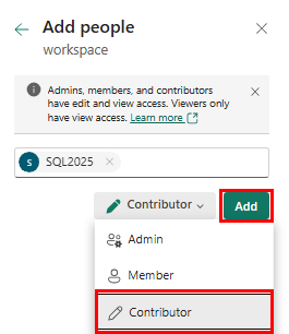 Captura de tela da caixa de diálogo Adicionar pessoas, onde você adiciona cada nó à função de Colaborador de Malha.