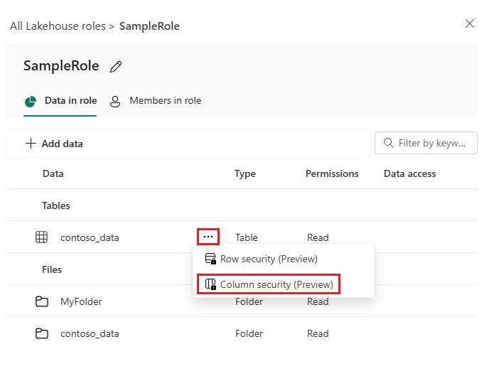 Captura de tela que mostra a seleção de 'segurança da coluna' para editar permissões numa tabela.