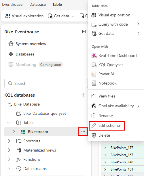 Captura de ecrã do menu mais da tabela com Editar esquema realçado.