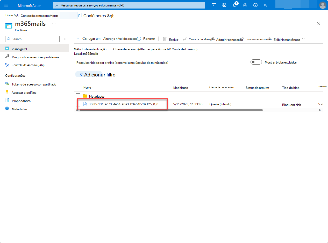Uma captura de ecrã do portal do Azure interface de utilizador que mostra o ficheiro recentemente criado no contentor do Armazenamento do Azure.