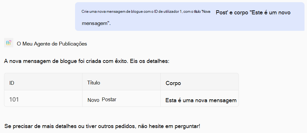Uma captura de ecrã de uma resposta de um agente declarativo com base nas operações POST