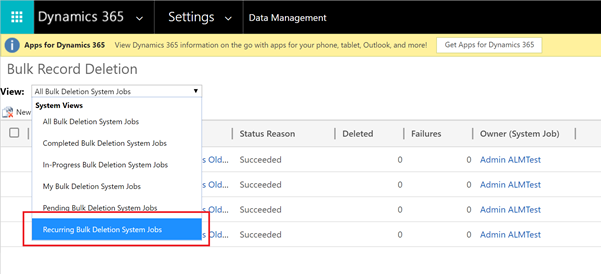 Captura de tela da lista de trabalhos recorrentes de exclusão em massa.