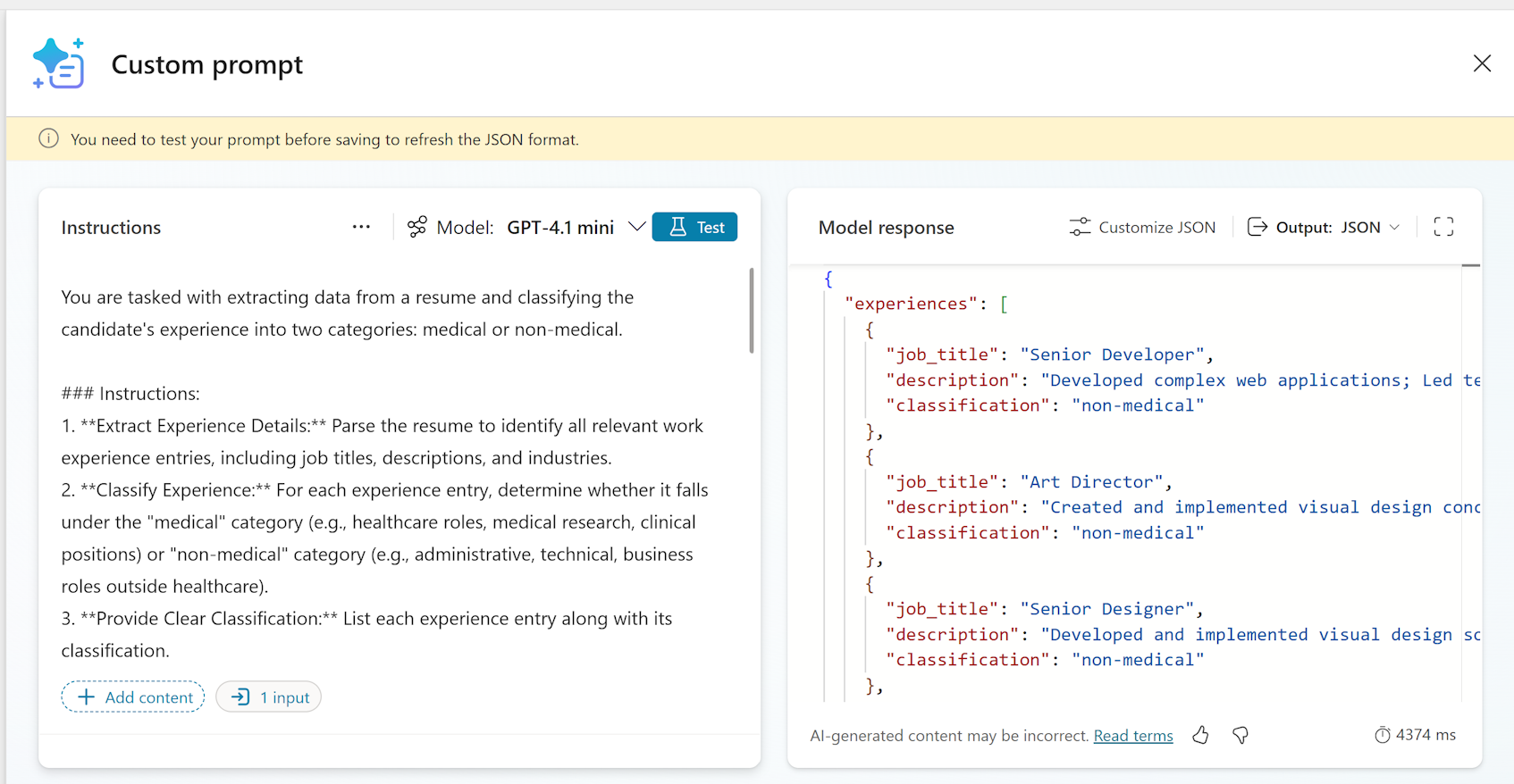 Captura de ecrã do painel de instruções e do painel de resposta do modelo.