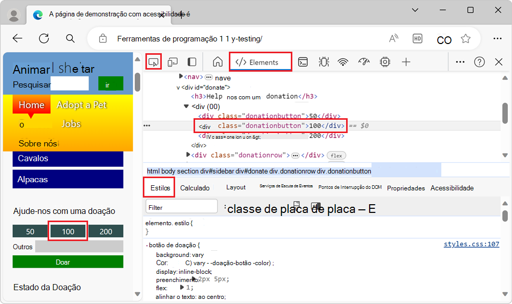 O botão Doação selecionado na ferramenta Elementos