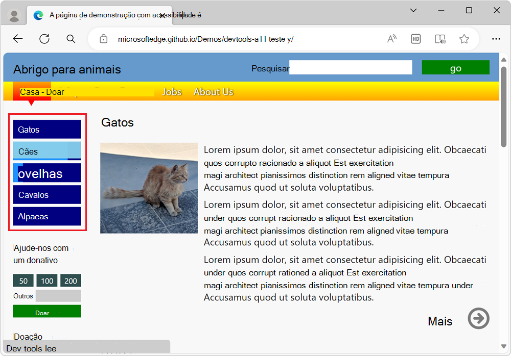 O item de menu a mostrar cores diferentes quando o ponteiro do rato está sobre o mesmo