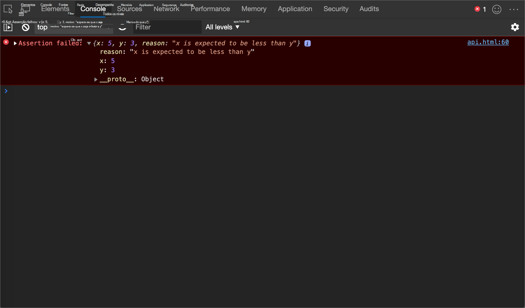O resultado do exemplo console.assert()