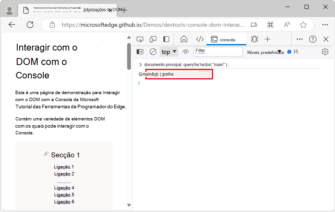 A ferramenta Consola de DevTools, que mostra a expressão document.querySelector e o elemento principal resultante