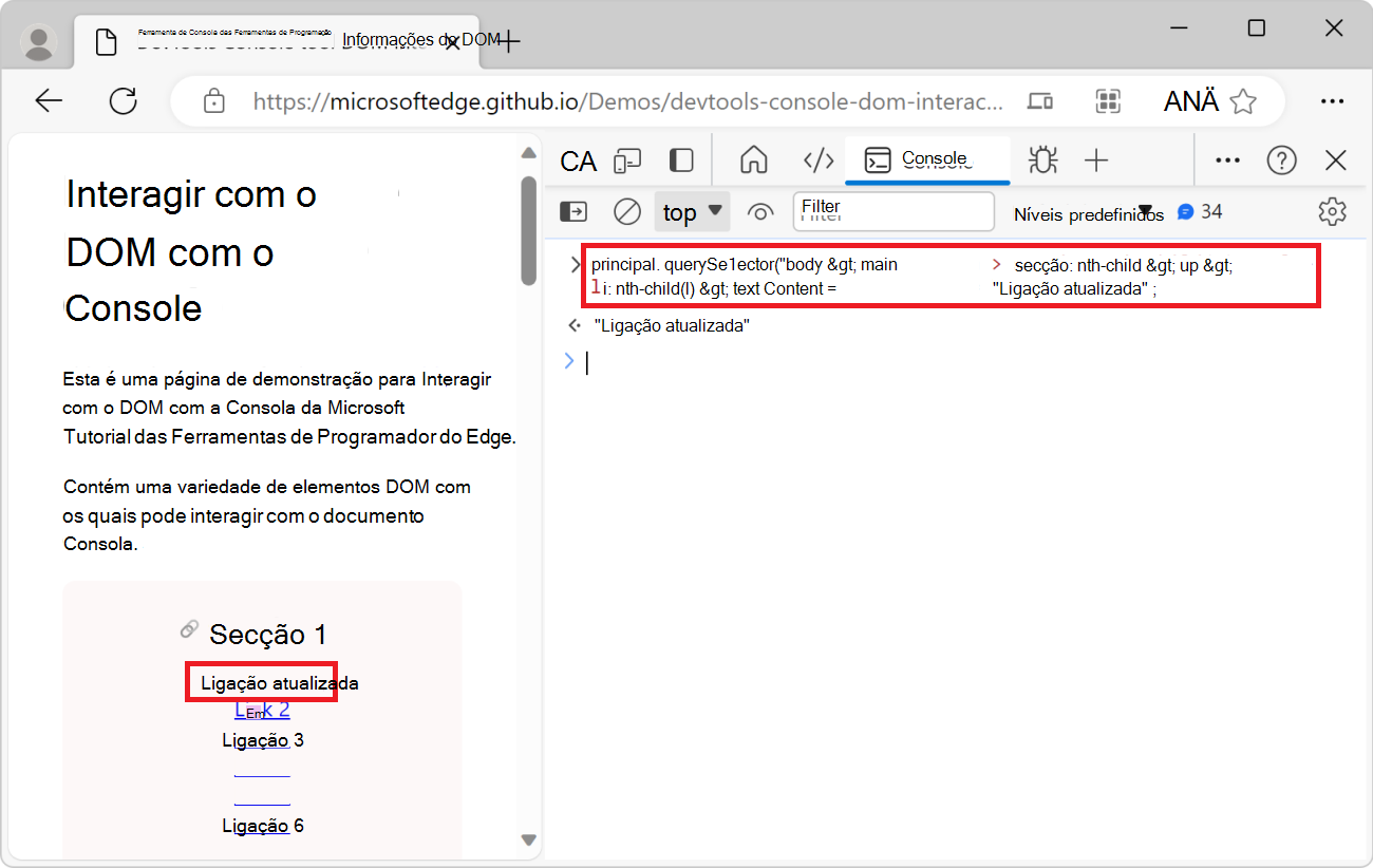 A ferramenta Consola, com o caminho JS e a expressão textContent, e a página Web, a mostrar o texto da ligação atualizado