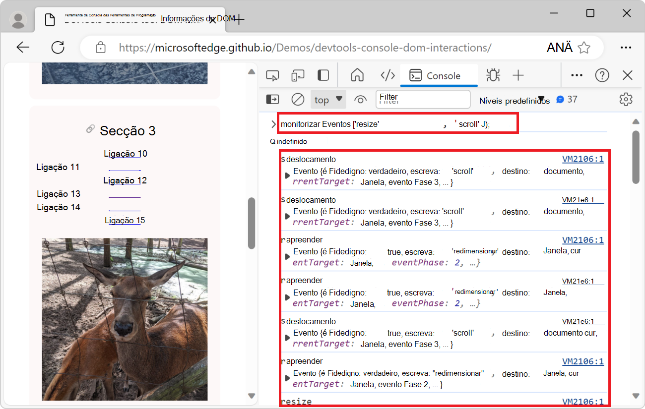 A ferramenta Consola, a mostrar a lista de eventos de redimensionamento e deslocamento