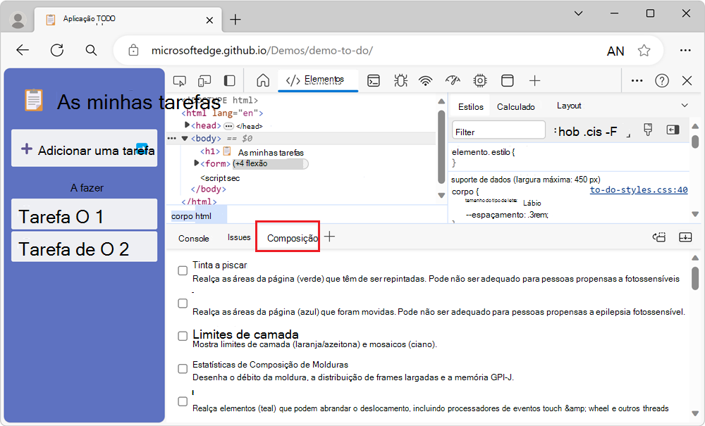 A ferramenta de Composição, no painel Vista Rápida
