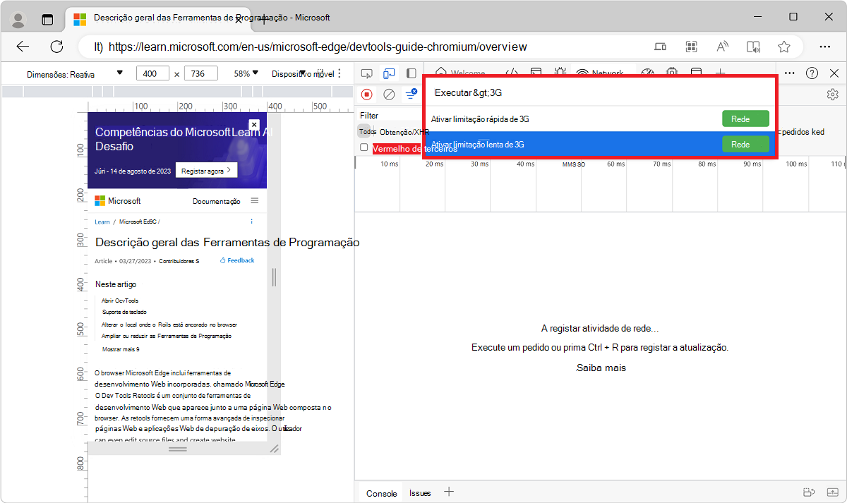 Selecionar Ativar limitação 3G rápida ou lenta no Menu de Comandos