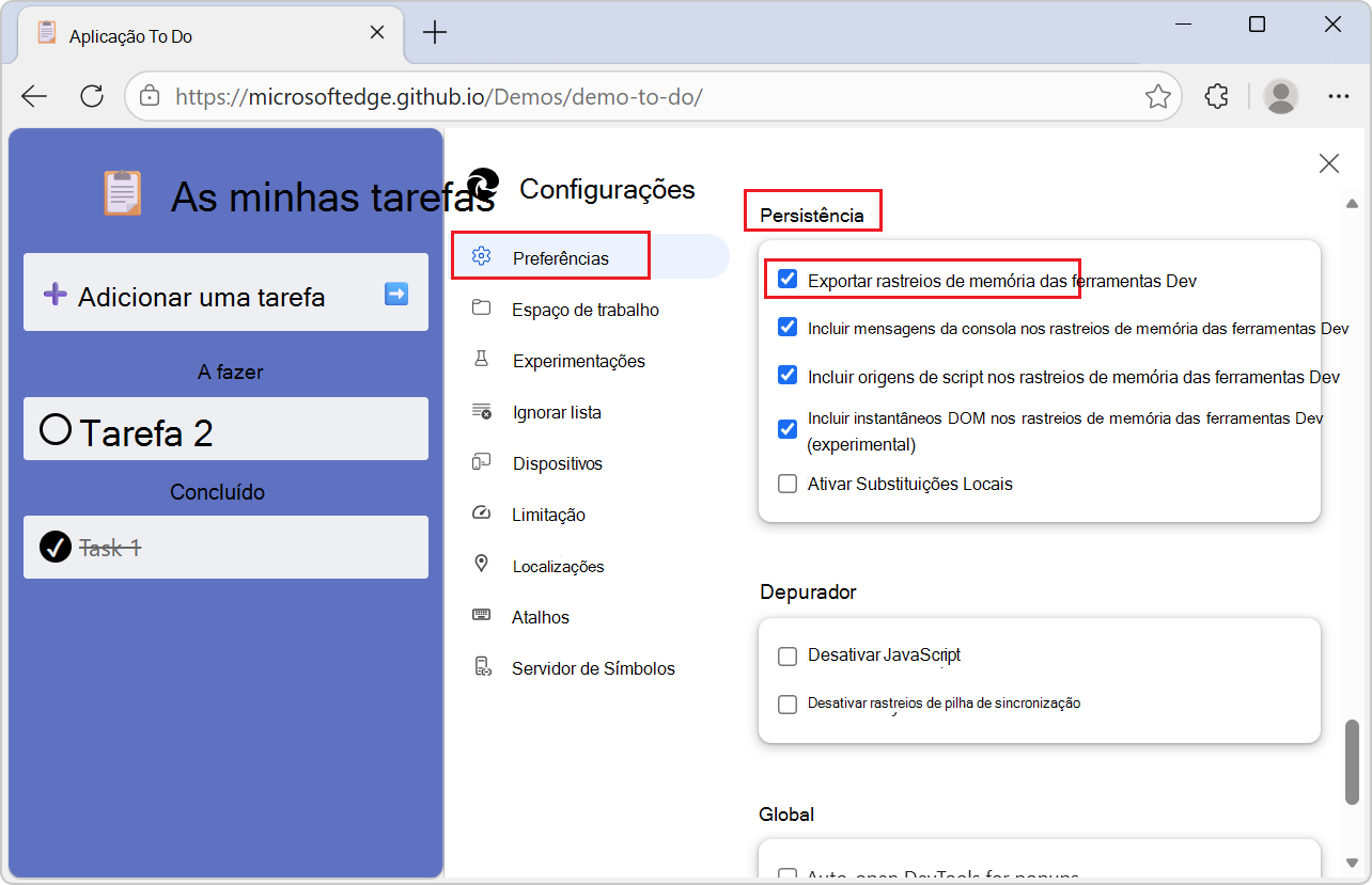 O painel Definições em DevTools, a mostrar a opção de tipo de exportação