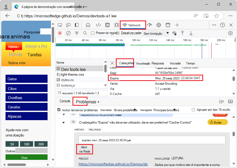 A Ferramenta de rede é aberta quando seleciona uma ligação de recurso de rede