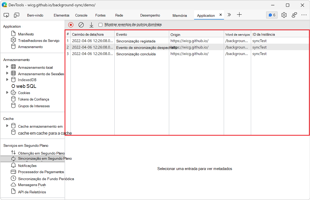 Um registo de eventos no painel Sincronização de Fundo