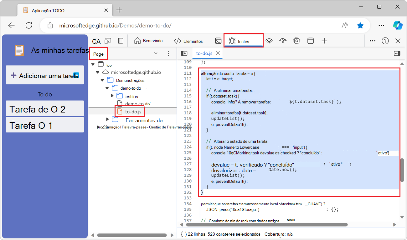 A ferramenta Origens no Edge, com o ficheiro to-do.js aberto e algumas linhas de código selecionadas