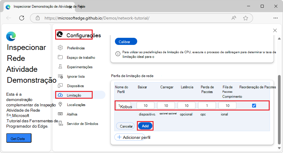 Criar um perfil de limitação personalizado nas Definições de DevTools >> Limitação